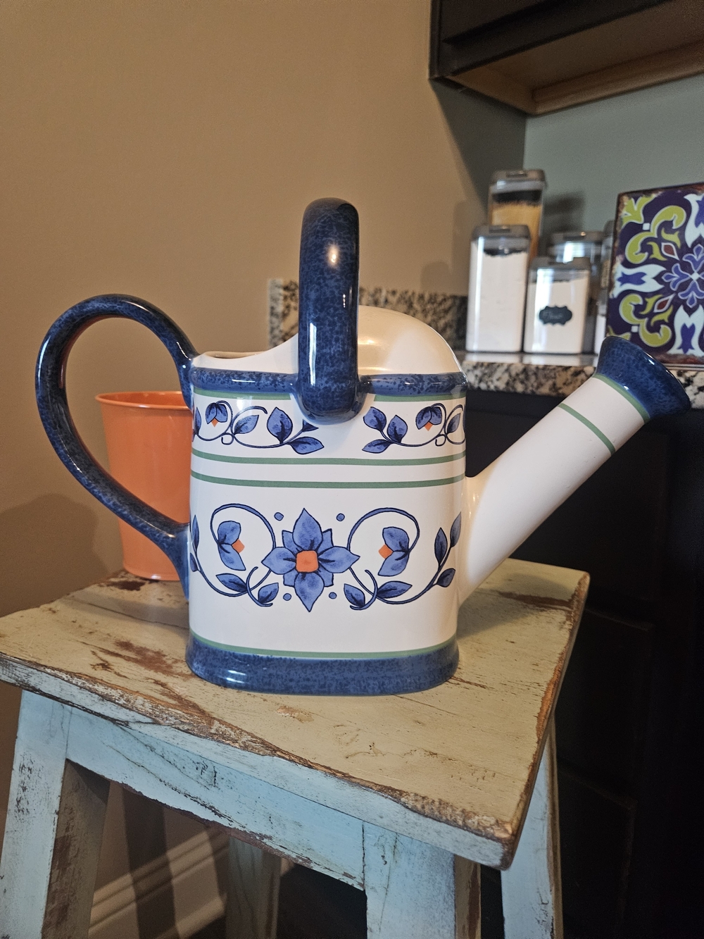 Pfaltzgraff Orleans White, Blue, and Orange Floral 5 Cup Capacity Watering Can